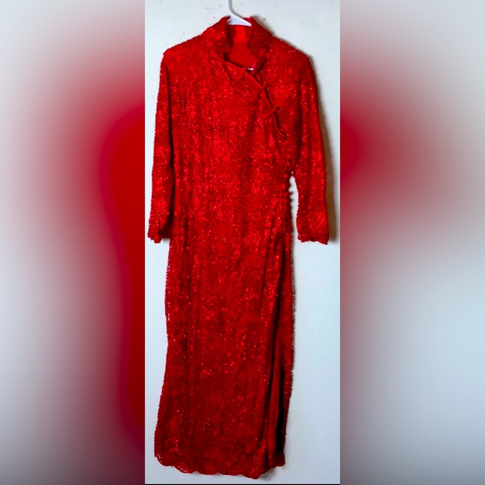 Gorgeous vintage red lace beads and sequin kimono style gown S